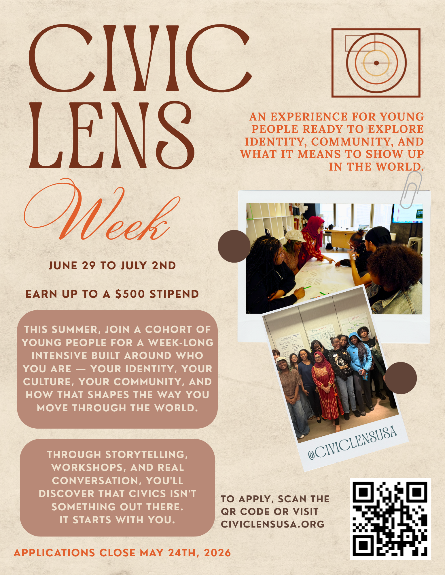 Civic Lens Week Youth Based Flyer — June 29 to July 2nd, applications close May 24th